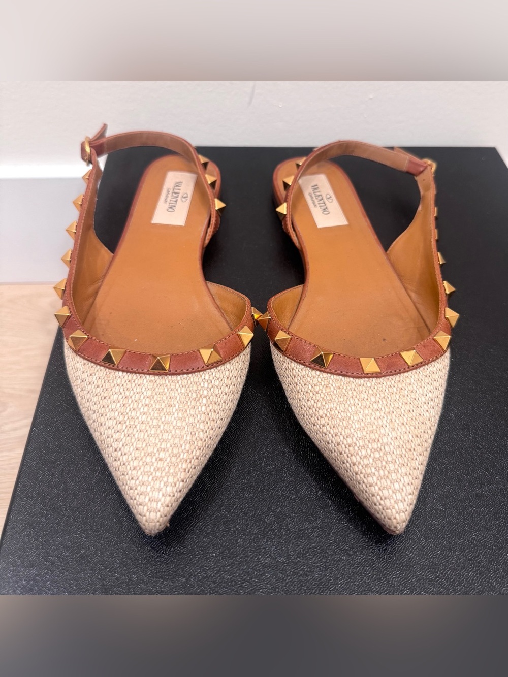 Valentino Beige Raffia Pointed Slingback Flats with Gold Rockstuds